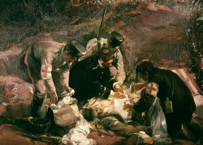 Kan Bağışı' Bir savaş yaraları Kızıl Haç gönüllüleri tarafından kurtarılıyor (tablo) by Pedro Ferrer Calatayud