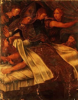 Katalonya ve Aragon Kralı Martin 'El Humano'nun (1356-1410) Mucizevi İyileşmesi, Barselona Piskoposu tarafından, St. Severo Altarpiece'den by Pedro and Fernandes Enrique (d.1546) Nunyes