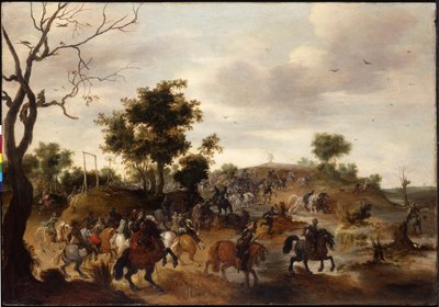 Bir süvari savaşı, darağacı ve ötesinde bir yel değirmeni ile manzara by Peeter Snayers
