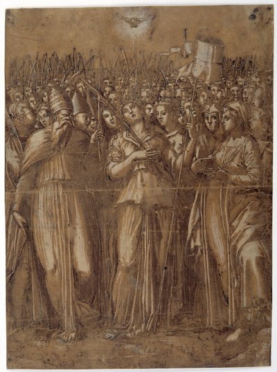 Aziz Ursula şehit bakirelerle birlikte (kahverengi yıkanmış kağıt üzerinde beyaz gövde rengiyle yükseltilmiş kalem ve kahverengi mürekkep) by Pellegrino (c.1460 1523) Aretusi