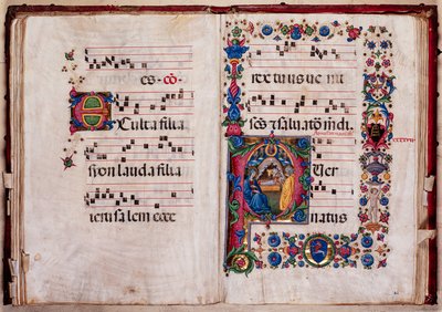 Piccolomini Kütüphanesi: koro kitabı, morina. 102.8, ff. 47v-48r, Pellegrino di Mariano tarafından “Doğuş” ile. by Pellegrino di Mariano