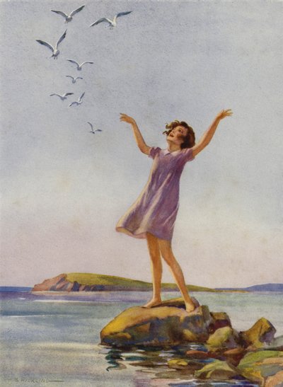 Deniz kenarında güneşin tadını çıkaran kız (renkli taş) by Percy Bell Hickling