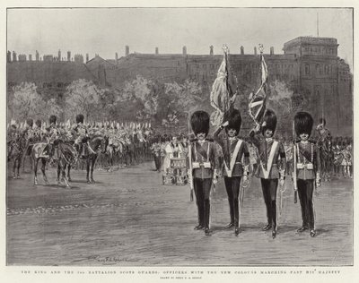 The King and the 3rd Battalion Scots Guards, Officers with the New Colours Marching Past His Majesty  by Percy F.S. Spence