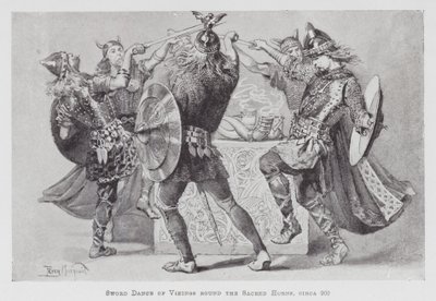 Dans: Vikinglerin Kılıç Dansı, Kutsal Boynuzlar etrafında, yaklaşık 900 (lito) by Percy Macquoid