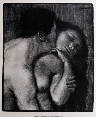 Adam bir kadını öpüyor. Pere Torne-Esquius (Torne Esquius) tarafından litografi by Pere Torne Esquius