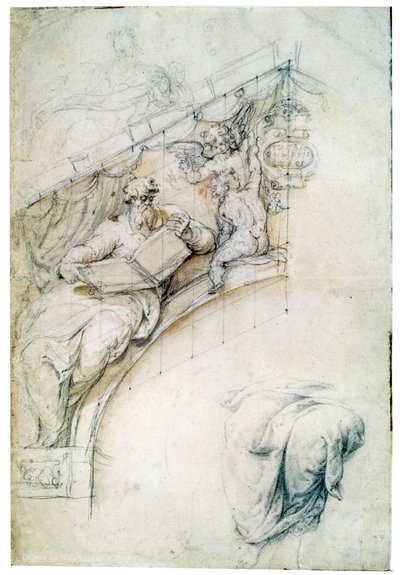 Bir Peygamber ve iki Puttos ile bir giriş kemeri üzerinde bir duvar dekorasyonu, c1525 by Perino del Vaga