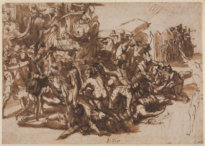 Makedon Ordusu tarafından saldırıya uğrayan Poros recto, Sketches of Animals verso, c. 154547. by Perino del Vaga