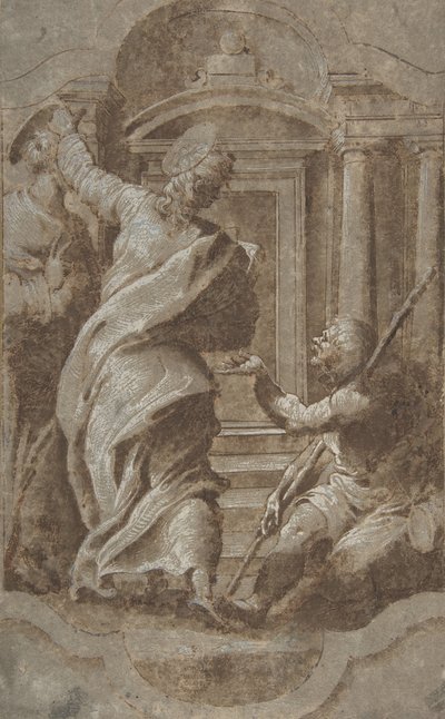 Aziz Petrus ve Yuhanna Tapınağın Kapısında Bir Sakatlıyı İyileştiriyor, 1501-47. by Perino del Vaga