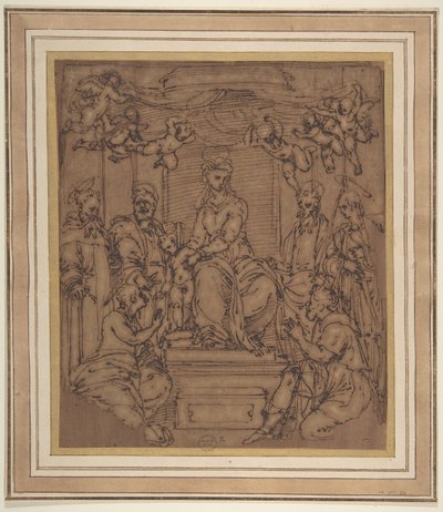Aziz Anthony Abbot, Aziz Peter, Aziz Paul ile Enthroned Bakire ve Çocuk..., 1522-23. by Perino del Vaga