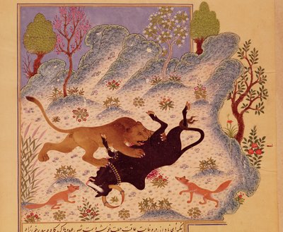Bir Kabila ve Dimne el yazmasından Boğaya Saldıran ve Öldüren Aslan (kağıt üzerine guaj) by Persian School