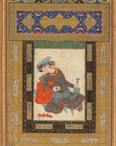 A Reclining Youth, İran, Safevi dönemi, c.1600-10 (kağıt üzerine mat suluboya, mürekkep ve altın) by Persian School