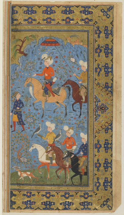A Royal Hunt from a Shahnama (Krallar Kitabı), Firdevsi, c.1590-1600 (mürekkep, opak suluboya ve kağıt üzerine altın) by Persian School