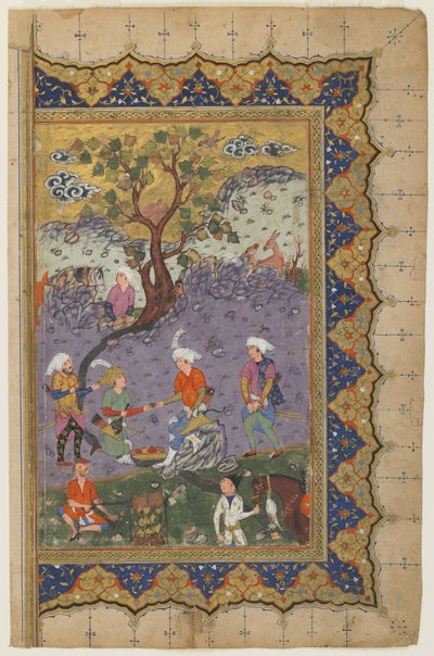Bir manzarada görevlilerle birlikte oturan bir prens, c.1600 by Persian School