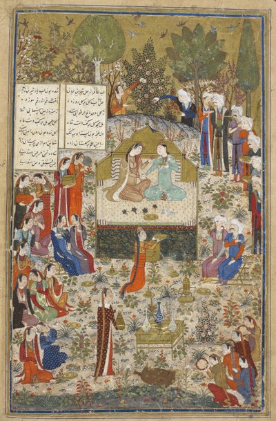 Ekleme Ms 18113 f.406 Humay ve Hümayun, etrafı hizmetlilerle çevrili aşıklar, Bağdat, Kirmani