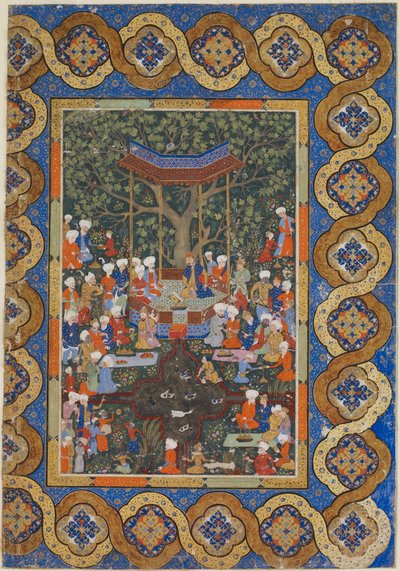 Tanımlanamayan bir metinden folio; Saray Üyeleri ve Görevlilerle Çevrili Bir Bahçe Köşkünde Bir Cetvel (kağıt üzerinde opak suluboya, mürekkep ve altın) by Persian School