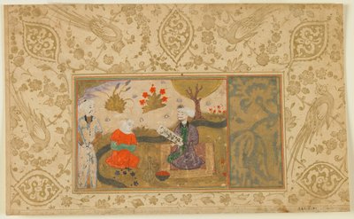 Tanımlanamayan bir metinden folio; Bir Kadın Dere Kenarında Oturan Bir Adamla Sohbet Eder, İran, c.1500 (kağıt üzerine opak suluboya, mürekkep ve altın) by Persian School