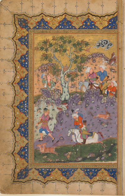 Tanımlanamayan bir metinden folio; recto: A Prince Hunting, İsfahan, İran, c.1600 (kağıt üzerinde opak suluboya, mürekkep ve altın) by Persian School