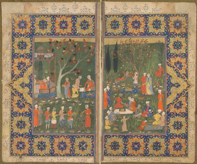 Tanımlanamayan bir metinden folio; verso: Bir bahçede parti, Şiraz, İran, c.1570 (kağıt üzerine opak suluboya, mürekkep ve altın) by Persian School