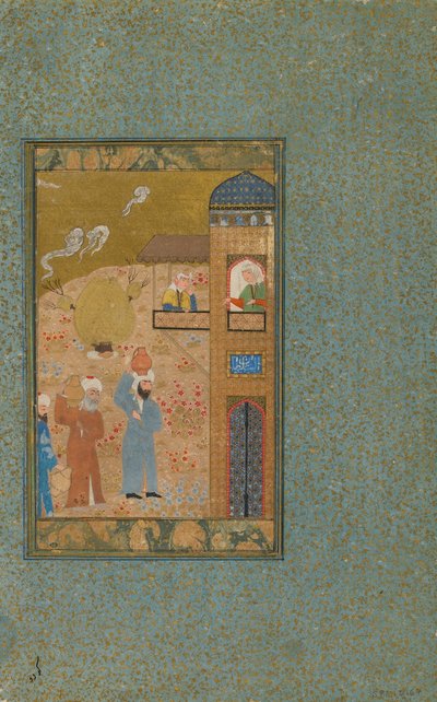 Tanımlanamayan bir metinden folio; verso: Sürahi Taşıyan İki Adam Bir Binaya Yaklaşıyor, Şiraz, İran, c.1520 (kağıt üzerine opak suluboya, mürekkep ve altın) by Persian School