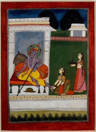 Hinduizm: “” Krishna dinleniyor””” Bir sonraki ayaklarını paspaslar. 17. yüzyıl Hint okulunun Pers minyatürü. Rennes, Güzel Sanatlar Müzesi by Persian School