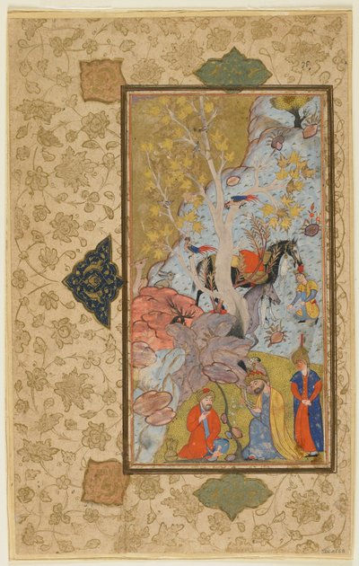 Iskandar Bir Münzevi Ziyareti, Şiraz, İran, c.1580-1600 (kağıt üzerine opak suluboya, mürekkep ve altın) by Persian School