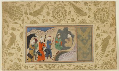 Iskandar bir keşişi ziyaret ediyor, c.1500 (opak suluboya, mürekkep ve kağıt üzerine altın) by Persian School