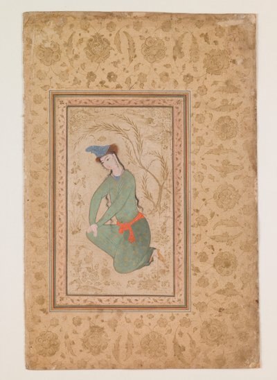 Diz Çökmüş Genç, 17. yüzyıl başı (kağıt üzerine suluboya) by Persian School