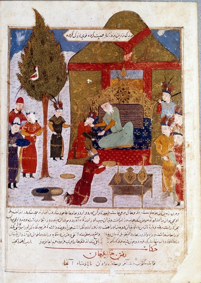 Moğol İmparatoru Cengiz Han (1167-1227), torunları Quibalai ve Hule Gu ile İlmil yakınlarındaki bir kampta tahtında, Rashid al-Din tarafından Jami al-Tawarikh