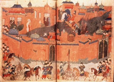 Ms.Sup.Pers.1113.f.180v-181 Reşidüddin'in (1247-1318) (parşömen) kitabından, Hülagü Han önderliğindeki Moğollar 1258'de Bağdat'a saldırıp ele geçiriyorlar. by Persian School