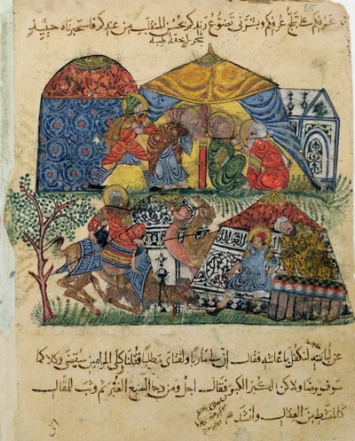 Bayan C-23 f.43b, Zengin hacıların çadırlarının önünde yaşlı bir adam ve genç bir adam, 