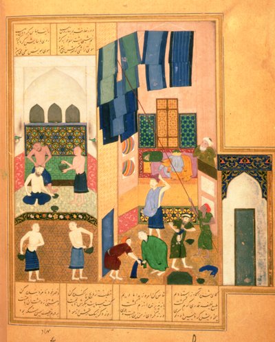 Or.6810 f.27v Harun al-Rashid ve Türk hamamındaki berber (parşömen) by Persian School