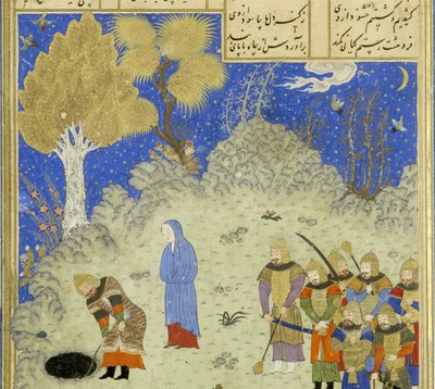 Farsça 239 fol.180a Detay: Rüstem Bızhan'ı çukurdan kurtardı, Şehname'den (Krallar Kitabı) bir örnek, Abul-Qasim Mansur Firdevsi (c.934-c.1020), 1444 by Persian School