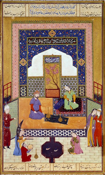 Prenses Şirin (Chirin), Farhad'ı Nizami'nin “Khamsa” (Beş şiir) (1141-1209) 16. yüzyıl Paris musee du Louvre adlı eserinin bir bölümünü gösteren minyatür kalesinde kabul ediyor. by Persian School