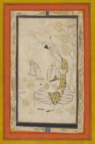 Kayaya oturan Şah Tahmasp, Safevi hanedanı (kağıt üzerinde mürekkep ve altın) by Persian School