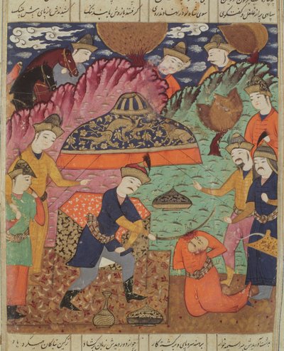 Nouzaur'un Kafasının Kesilmesi, Ebu'l-Qasim Manur Firdevsi'nin (c.934-c.1020) 1619 (kağıt üzerine guaj) 'Shahnama'dan (Krallar Kitabı) bir örnek by Persian School
