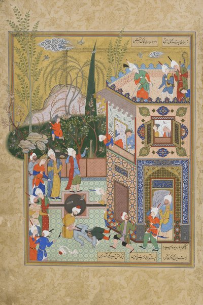 The Fickle Old Lover Çatıdan Vuruldu, Jami (ö.1492) tarafından bir Haft awrang'dan (Yedi taht) yaprak, muhtemelen Meşhed, Horasan, İran, Safevi hanedanı, 1556-1565 (mürekkep, opak suluboya ve altın by Persian School