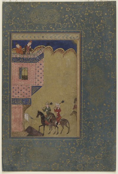 Kaleye yaklaşan gürz taşıyan iki binici, c.1417-18 by Persian School