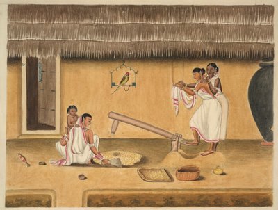 Bir dhenki ile çeltik kabuklarını ayıklayan kadınlar, 1840 dolayları (kağıt üzerine suluboya) by Persian School