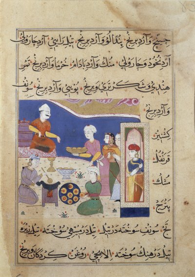 f.83v Hint mutfağı (parşömen) üzerine bir el yazmasından Mandu Sultanı için tatlıların hazırlanması by Persian School