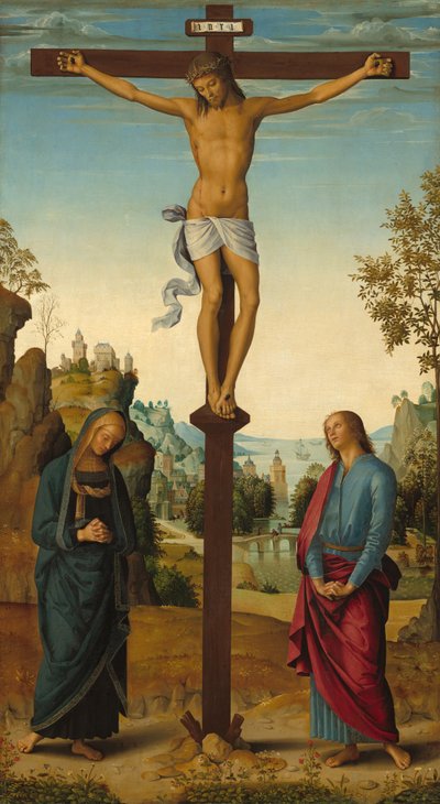 Bakire, Aziz John, Aziz Jerome ve Aziz Mary Magdalene ile Çarmıha Gerilme..., c. 14821485 by Perugino
