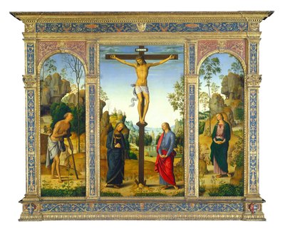 Bakire, Aziz John, Aziz Jerome ve Aziz Mary Magdalene ile Çarmıha Gerilme, c. 14821485. by Perugino