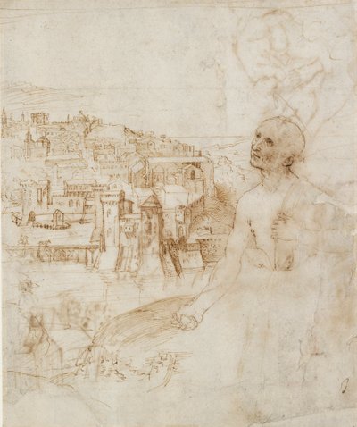 Ön planda tövbekar St Jerome ile Perugia şehrinin görünümü, 1500-1504 by Perugino