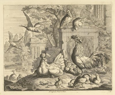 Horoz, civcivli tavuk ve antik kalıntıları olan bir bahçede diğer kuşlar Farklı kuşlar (dizi başlığı) by Peter Casteels (III)
