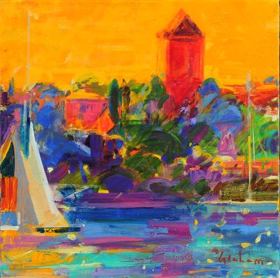 Cannes Körfezi, 2021 (tuval üzerine yağlı boya) by Peter Graham (Contemporary)