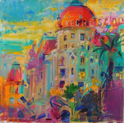 Promenade des Anglais, Gün Batımı, 2023 (tuval üzerine yağlı boya) by Peter Graham