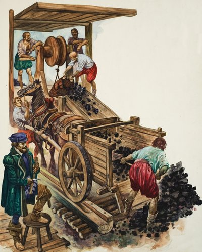 Bir madenci bir arabayı doldururken ve diğerleri daha fazlasını yüzeye çıkarırken bir çetele görevlisi madenden kaç yük kömür çıktığını not ediyor (kağıt üzerine guaj) by Peter Jackson
