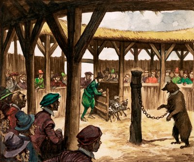 Ayı çukurunda, köpeklerin zincirlenmiş ayılara saldırmasına izin verilirken kalabalıklar tezahürat yaptı (kağıt üzerinde guaj boya) by Peter Jackson
