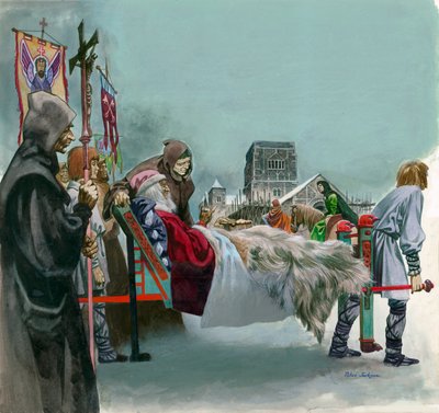 King Edward, later Saint Edward the Confessor, watches the building of West Minster from a litter where he lies ill  by Peter Jackson