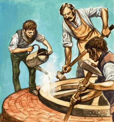 Once Upon a Time... village life one hundred years ago. Wheelwrights putting the iron rim on a wheel by Peter Jackson