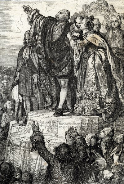 Bastille'in ele geçirilmesinin birinci yıldönümü münasebetiyle, 14 Temmuz 1790'da Champs-de-Mars'taki Anavatan Sunağı'nda Birinci Ulusal Federasyonun kutlanması: Kral XVI. oluşturmak by Peter Johann Nepomuck Geiger